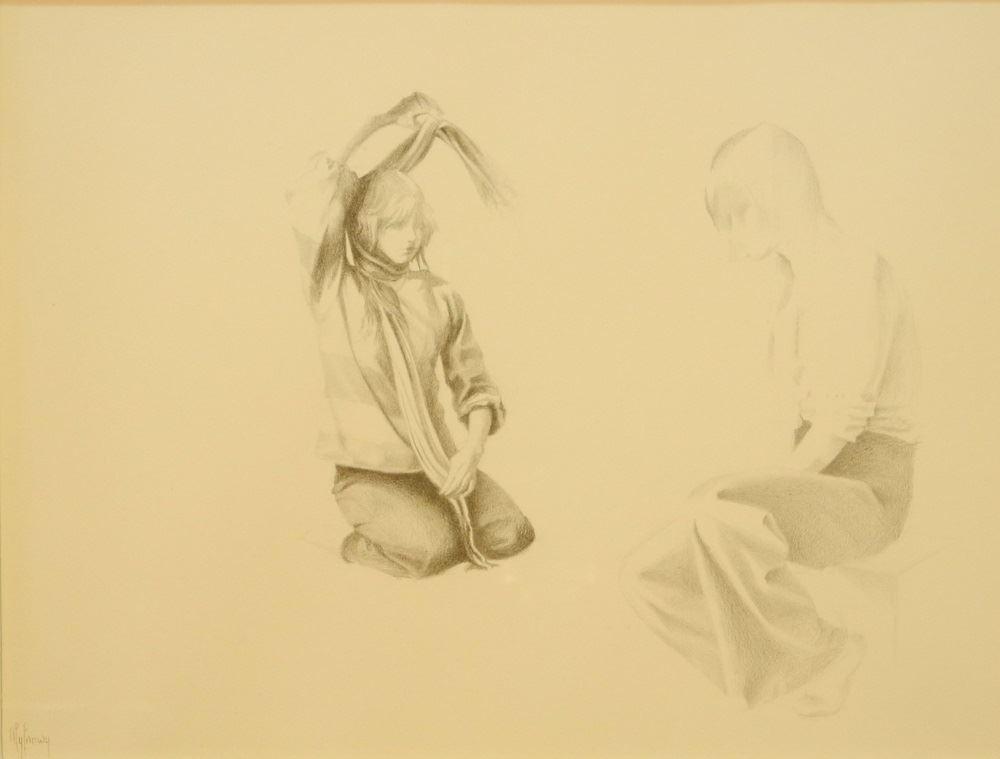 Pencil Sketch Signed Myfanwy (Pavelic), 9" x 12",: Pencil Sketch Signed Myfanwy (Pavelic), 9" x 12", "Contrasts".