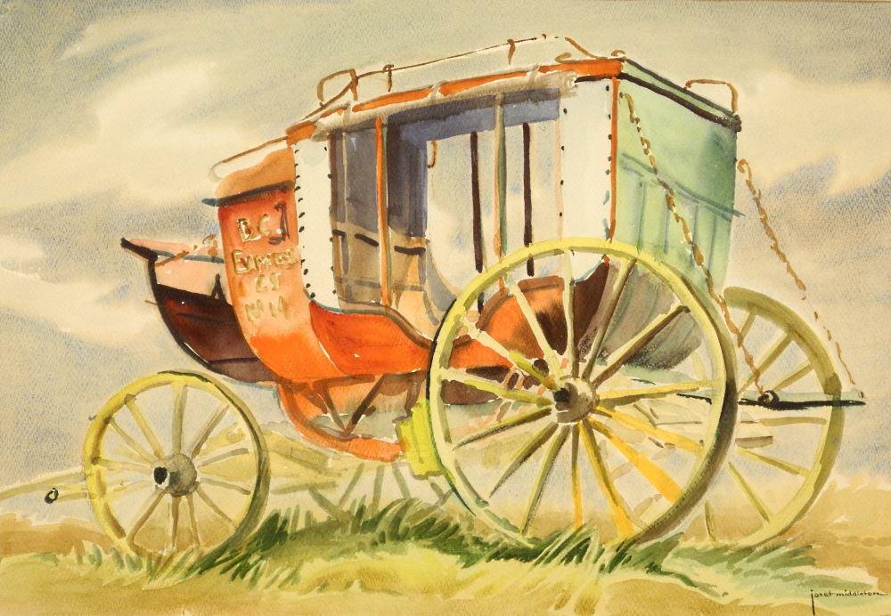 Watercolour signed Janet Middleton, 14" x 20 1/4",: Watercolour signed Janet Middleton, 14" x 20 1/4", "Lord Dufferin Coach".