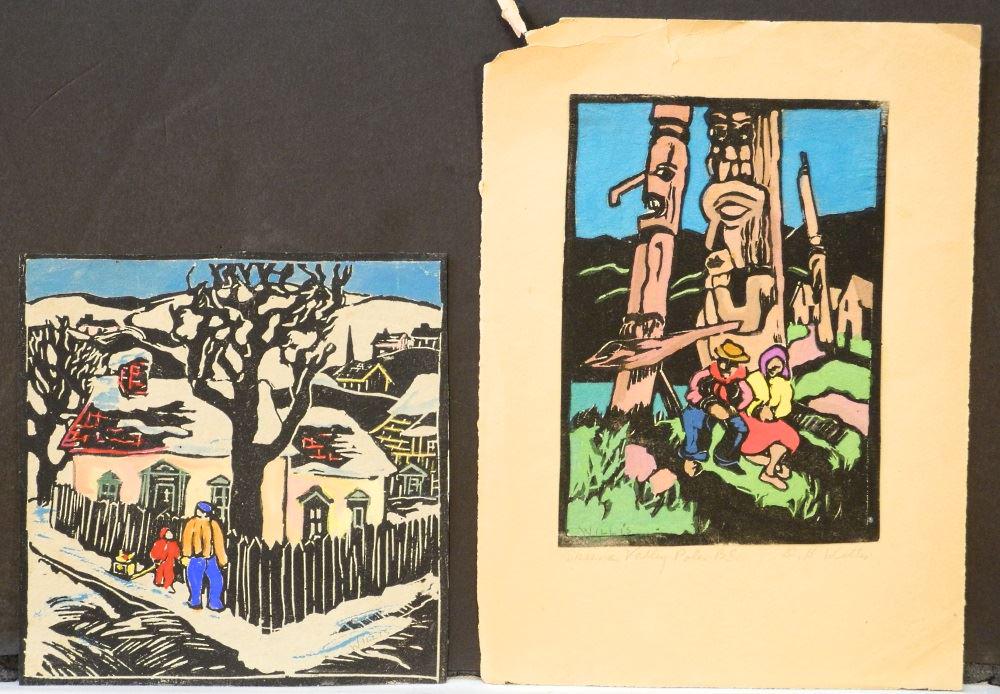 2 Linocuts: "Skeena Valley Poles BC" & "Street Scene" (1 of 6)