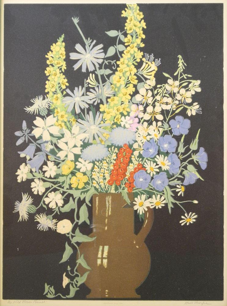Colour Woodblock Print Signed Hall Thorpe, 21" x 15 (1 of 6)