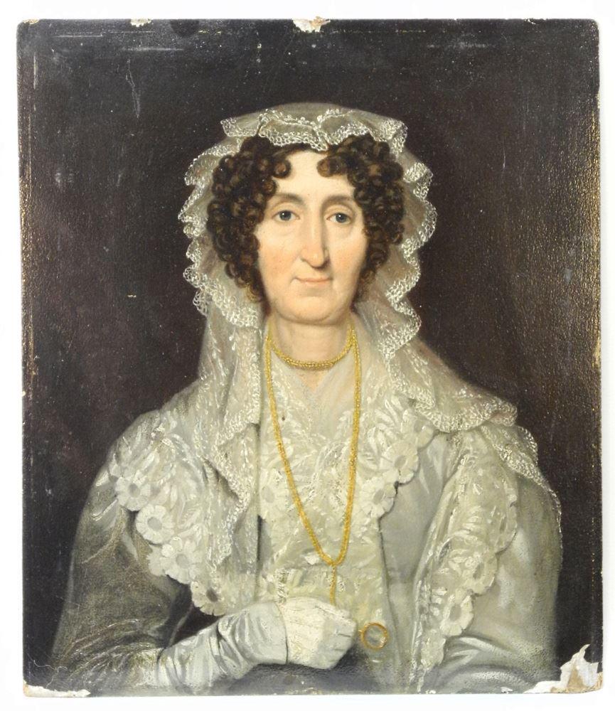 Unsigned Antique Oil on Board, 13 3/4" x 12", "Women in (1 of 3)