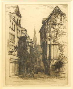 Etching Signed Caroline Armington, 11" x 9", "La Rue: Etching Signed Caroline Armington, 11" x 9", "La Rue St.Romain a Rouen".