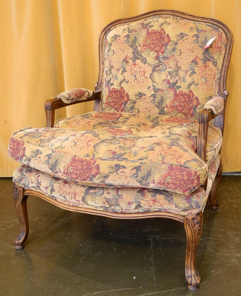 Louis XV Fruitwood Fauteuil with Rose Upholstery.: Louis XV Fruitwood Fauteuil with Rose Upholstery.
