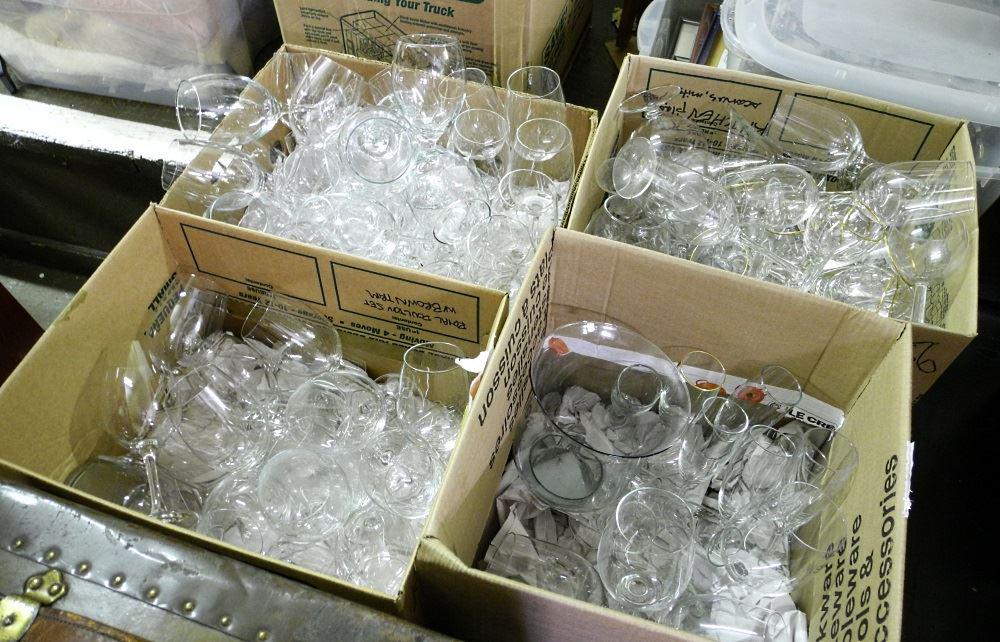 Four boxes of mostly wine and other glasswares.: Four boxes of mostly wine and other glasswares.