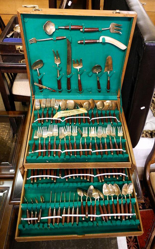 Set of Thai Bronze Flatware in Teak Case. (1 of 2)