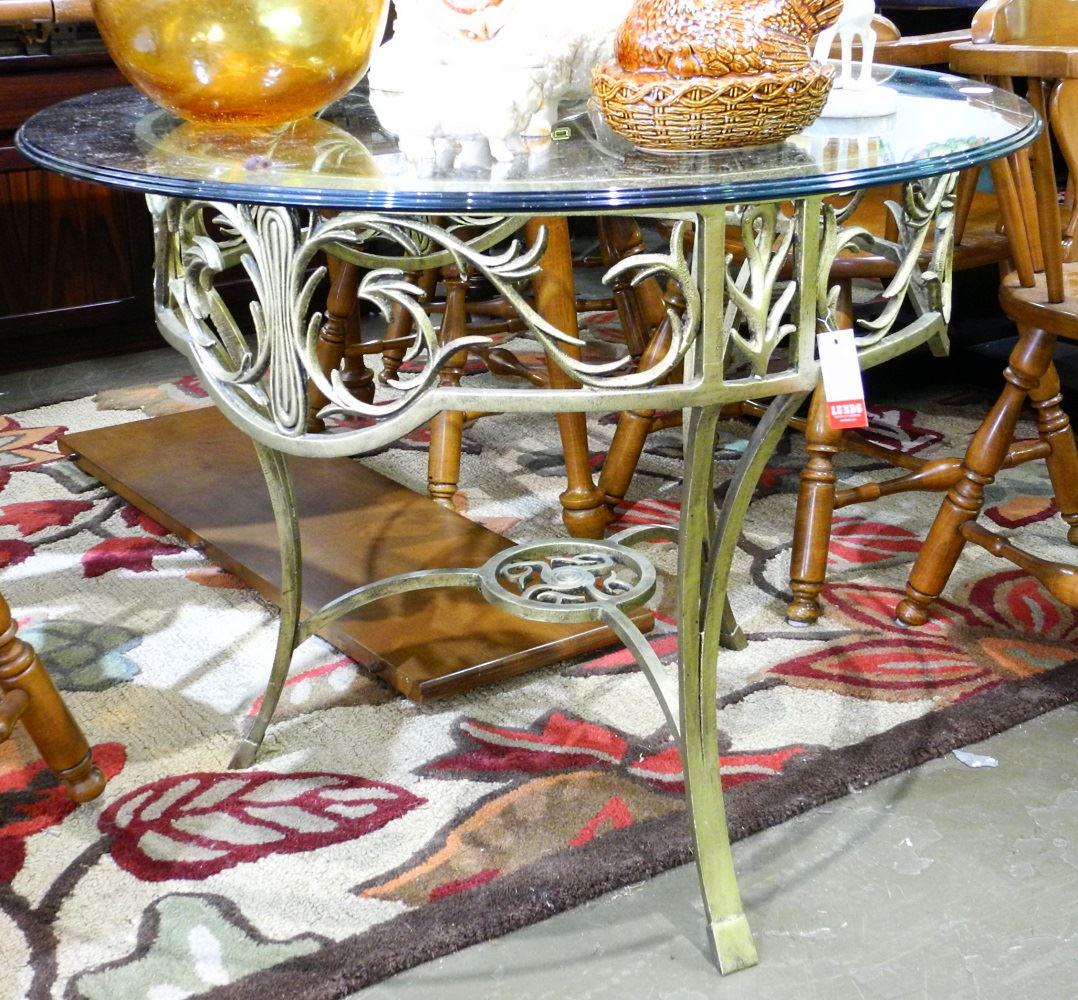 Gold Tone Glass Top Metal Work Low Table. (1 of 1)