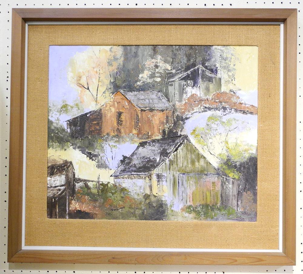 Oil on Masonite Signed (Kay) Ratcliffe, 19 1/2" x 23: Oil on Masonite Signed (Kay) Ratcliffe, 19 1/2" x 23 1/2", "Barns".
