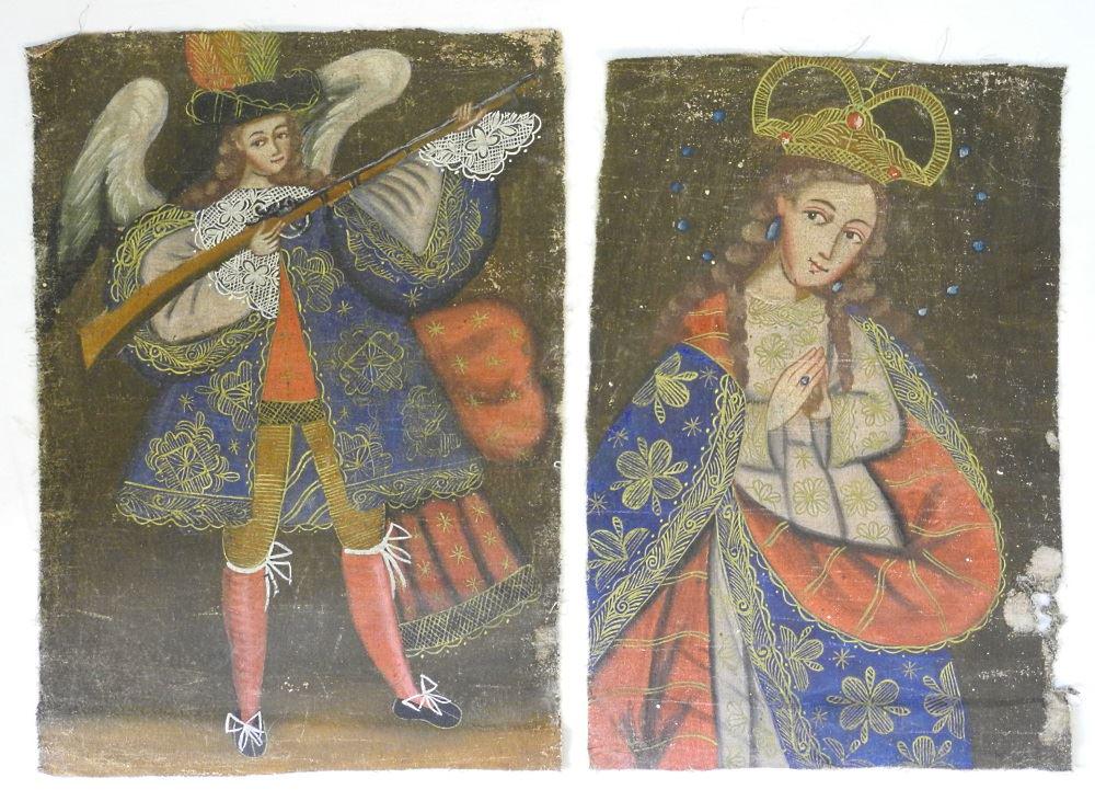 2 Latin American Santos Paintings of Angels,21" x 14" & (1 of 4)