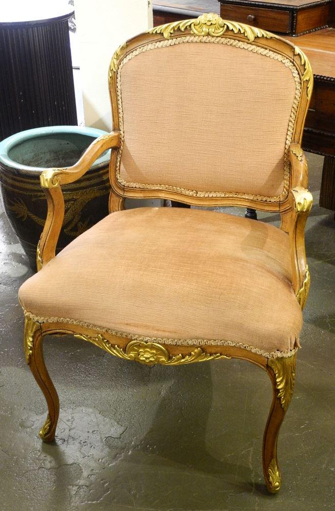 Louis XV Fruitwood & Gilt Open Armchair.: Louis XV Fruitwood & Gilt Open Armchair.