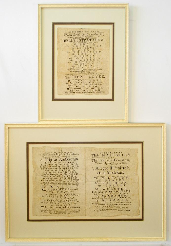 2 18th Century London Theatrical Broad Sheets, 10" x (1 of 3)