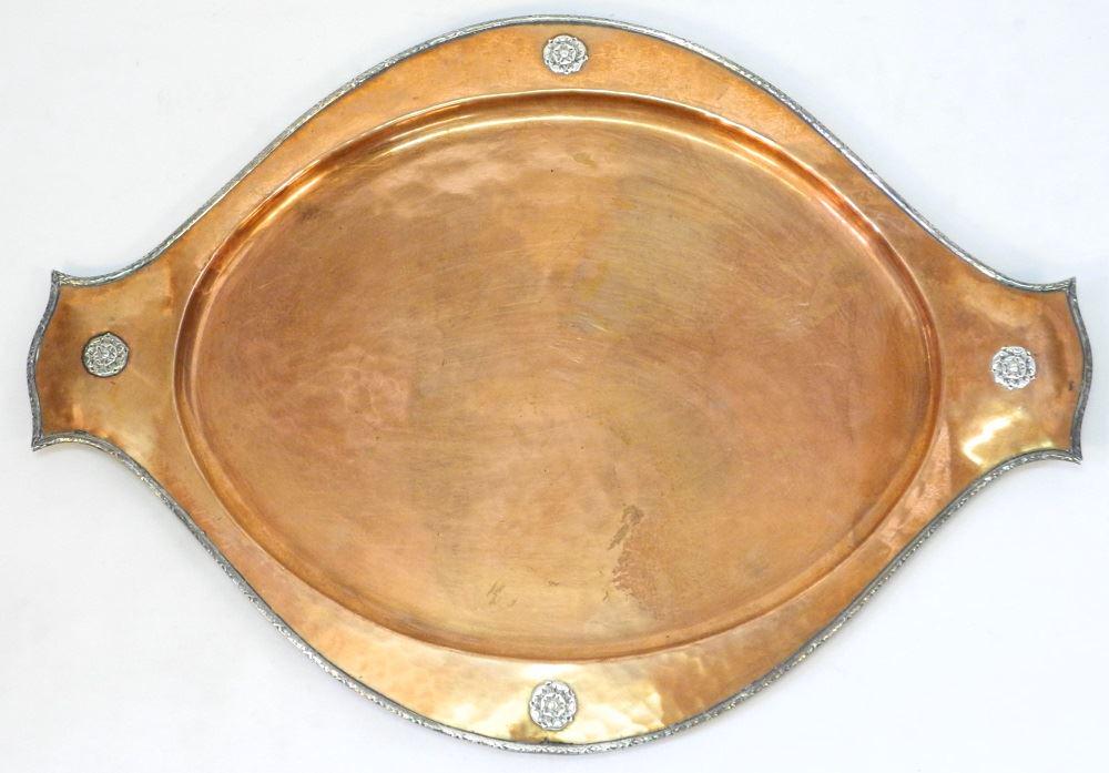 Copper Tray with Silver Edge & Tudor Style Bosses, (1 of 3)