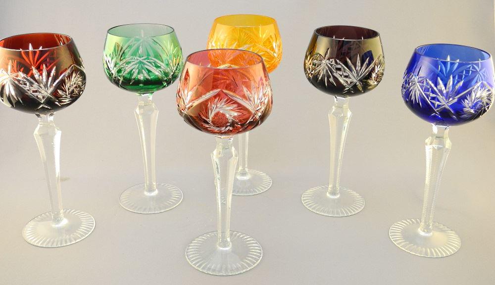 6 Bohemian Coloured Overlay Glass Goblets, 7 5/8" High: 6 Bohemian Coloured Overlay Glass Goblets, 7 5/8" High