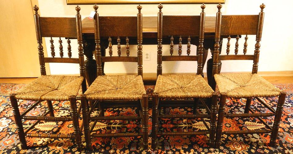 Set of 5 oak rush seated spool back side chairs. (1 of 7)