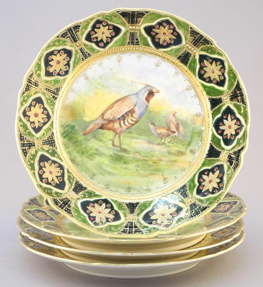 4 Fancy Nippon Ornithological Cabinet Plates, 8 3/4": 4 Fancy Nippon Ornithological Cabinet Plates, 8 3/4" diameter.