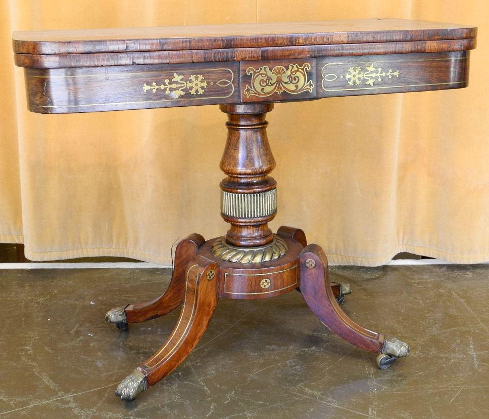 Regency Brass Inlaid Rosewood Fold Over Games Table, as: Regency Brass Inlaid Rosewood Fold Over Games Table, as found. See condition report