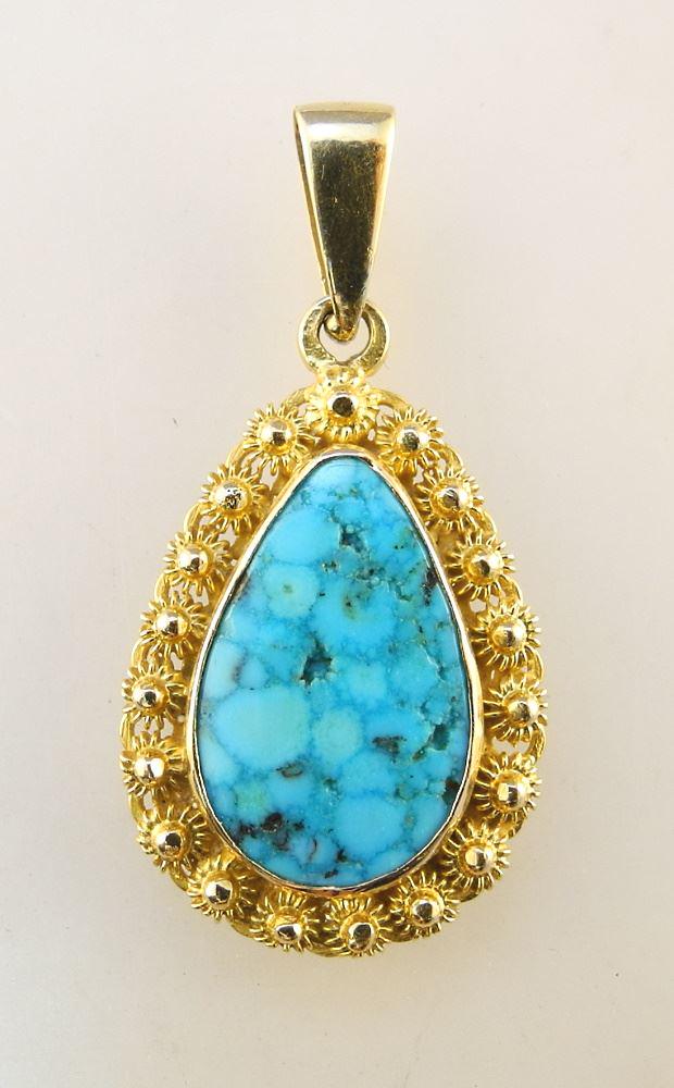 Iranian 22K & Turquoise Pendant with 14K Bail.: Iranian 22K & Turquoise Pendant with 14K Bail.