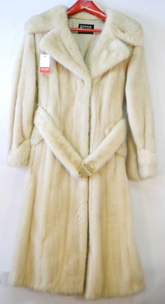 Full Length, Cream Coloured Belted Mink Coat By Karoway: Full Length, Cream Coloured Belted Mink Coat By Karoway Furs.
