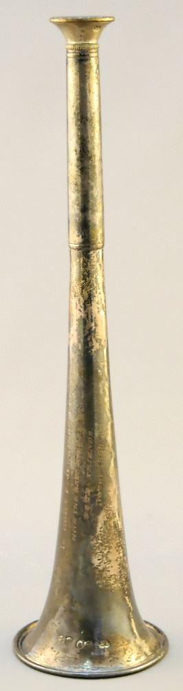 Victorian Sterling Silver Horn, Inscribed, 10" length.: Victorian Sterling Silver Horn, Inscribed, 10" length.