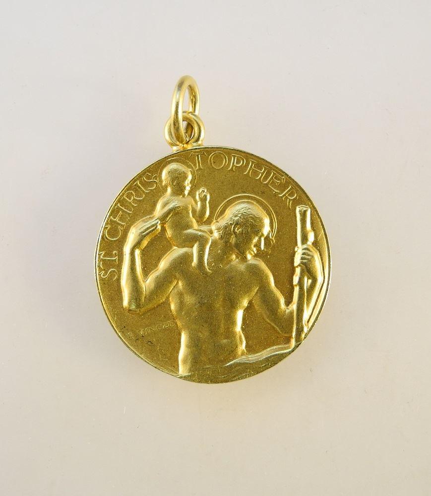 English Hallmarked 18K Gold St. Christopher Medallion: English Hallmarked 18K Gold St. Christopher Medallion with unmarked bail, 6 grams