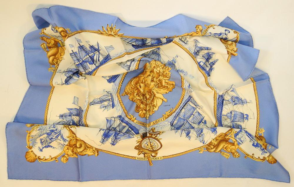 Hermes Silk Scarf, "Silhouettes Navales".: Hermes Silk Scarf, "Silhouettes Navales".