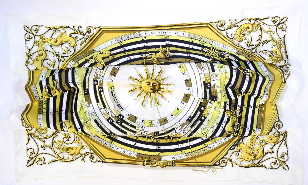 Hermes Silk Scarf, "Dies et Hore".: Hermes Silk Scarf, "Dies et Hore".