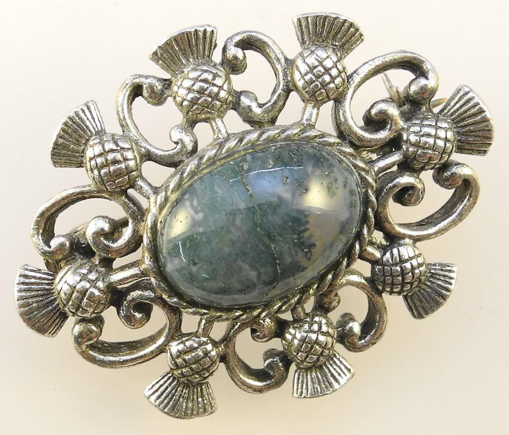 Antique Scottish Silver & Moss Agate Thistle Brooch, (1 of 3)