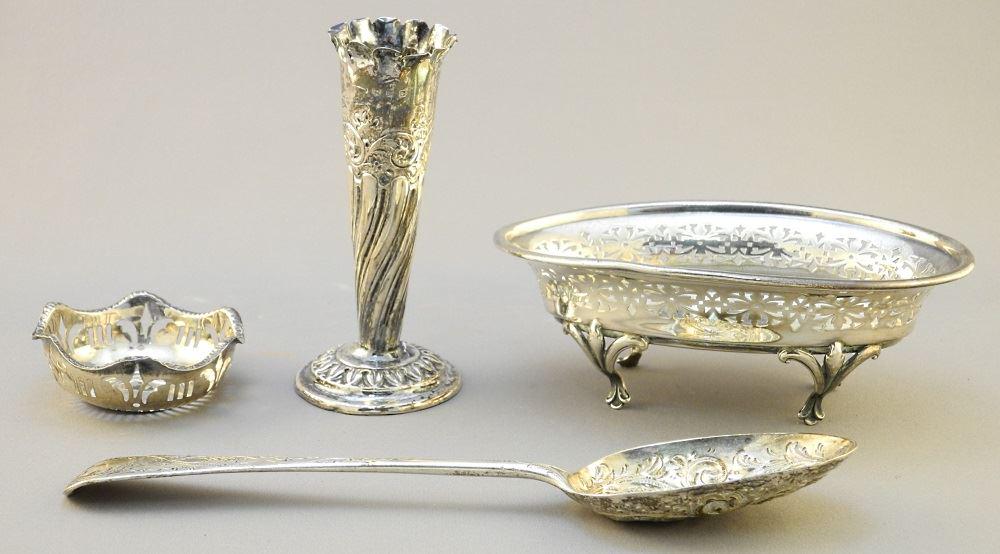 Hallmarked Silver Berry Spoon, Bud Vase & 2 Dishes. (1 of 4)