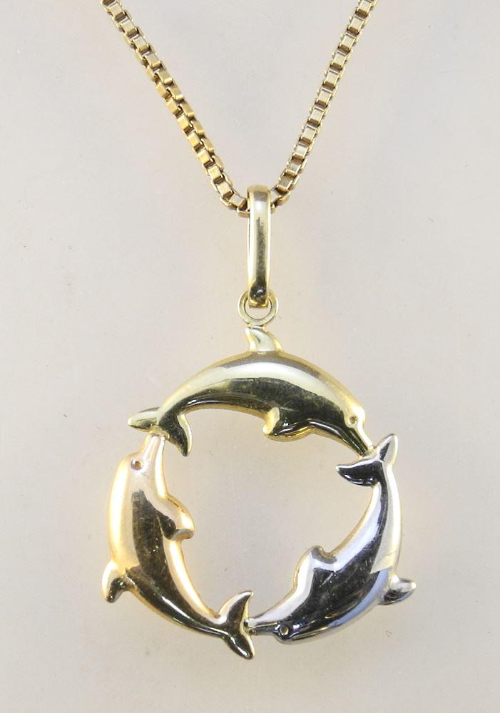 10K Gold Box Link Chain with Tri Tone 10K Gold Dolphin (1 of 2)