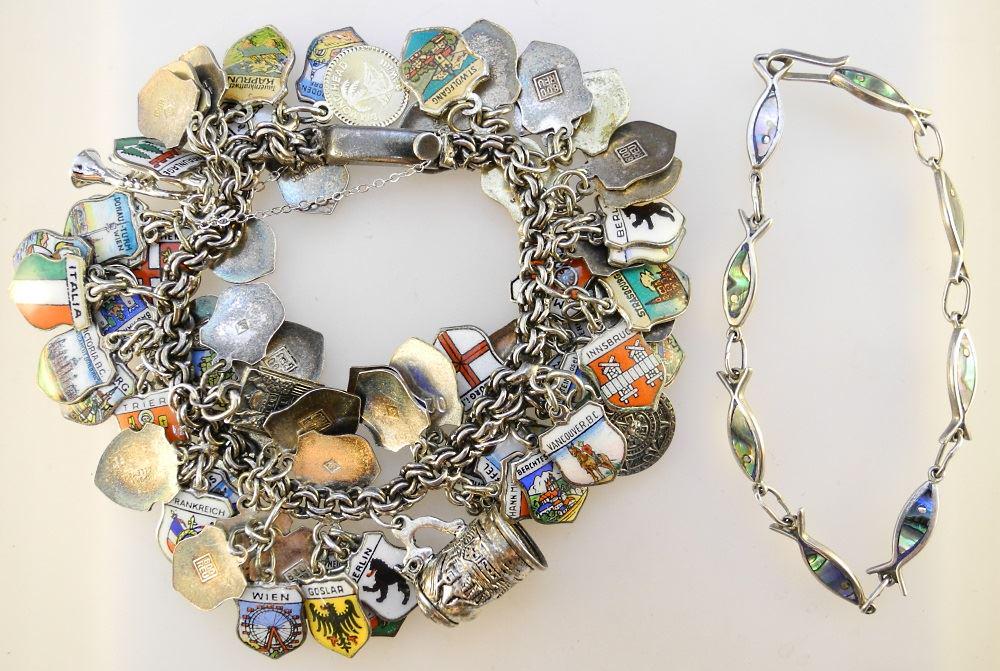 Mexican Silver Charm Bracelet and Inlaid Silver: Mexican Silver Charm Bracelet and Inlaid Silver Bracelet (97 grams)