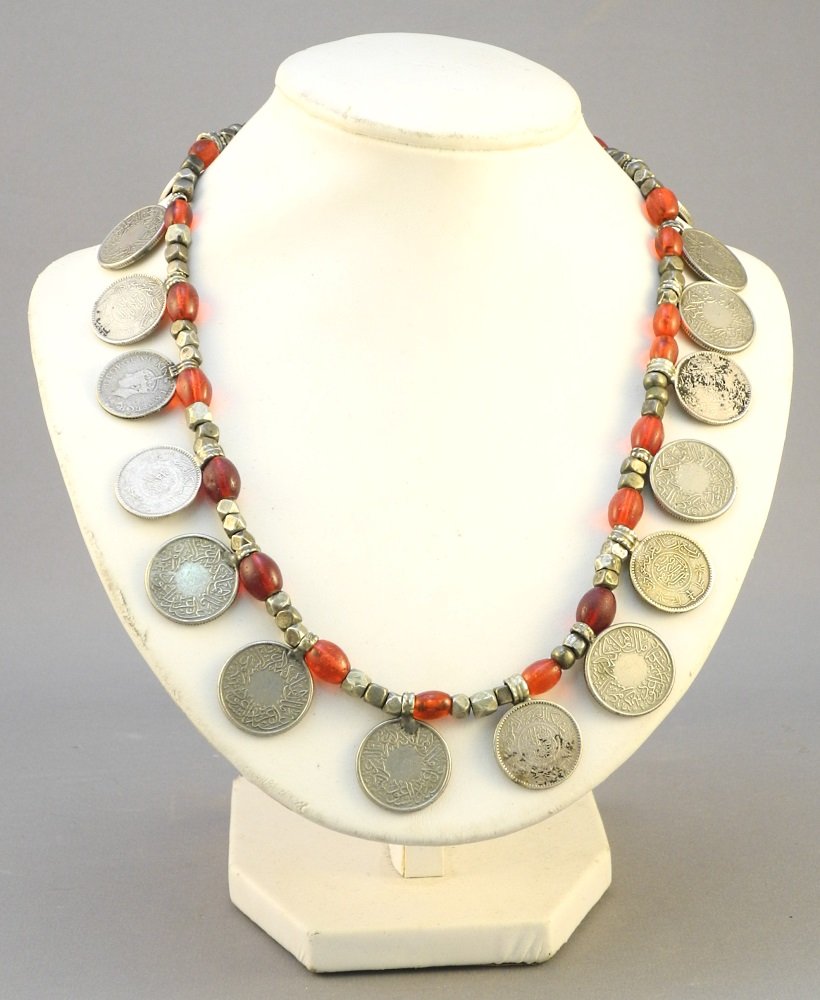 Yemeni Coin Necklace with Red Glass Spacers.: Yemeni Coin Necklace with Red Glass Spacers.