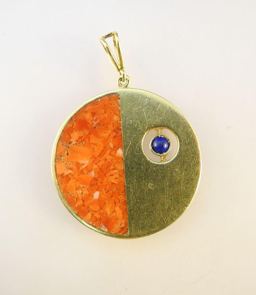 18K Gold (marked 750) Modernist Pendant with Lapis and: 18K Gold (marked 750) Modernist Pendant with Lapis and Lapidary Feature, bail unmarked, 14