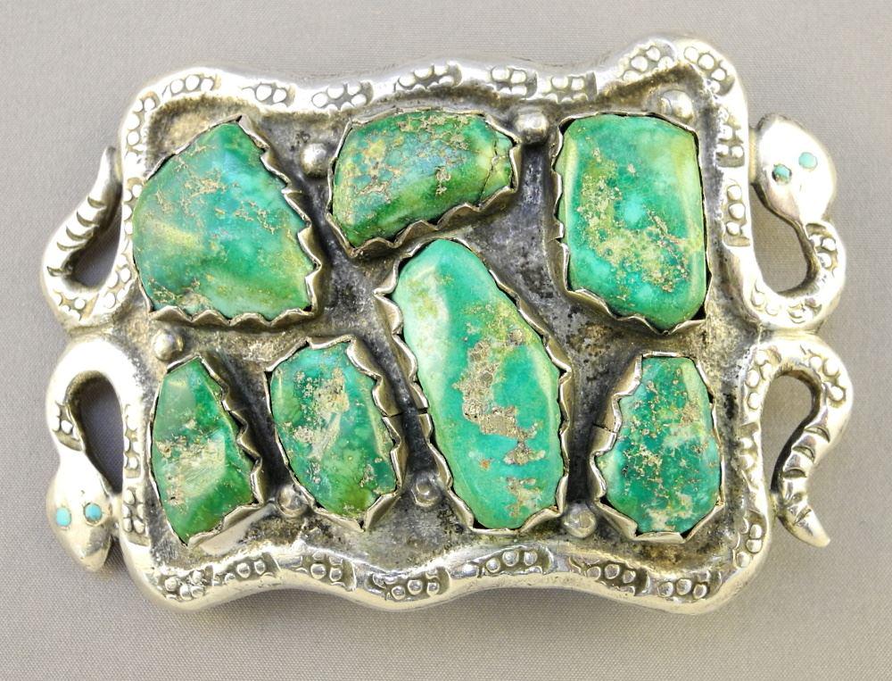 Navajo Cast Silver & Turquoise Belt Buckle, 3 1/8" (1 of 2)