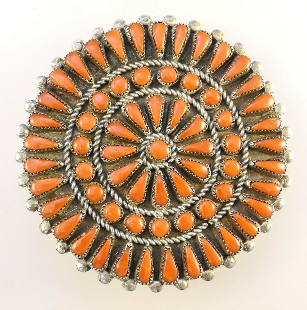 Zuni Sterling Silver & Coral Brooch/ Pendant Signed H (1 of 2)