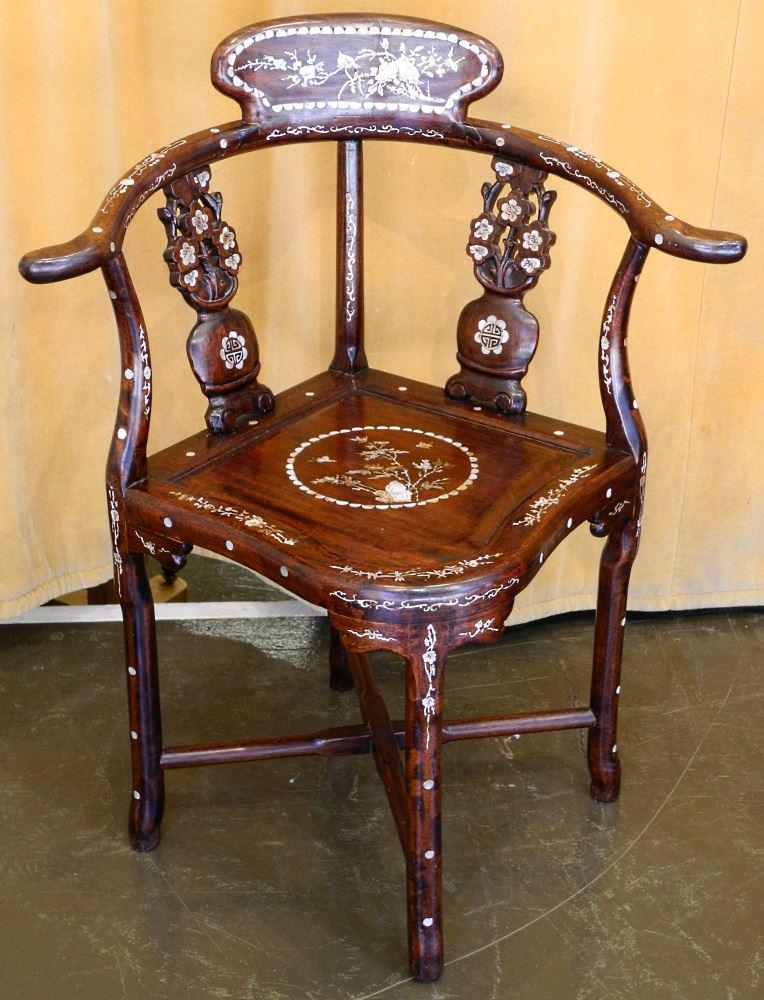 Asian Rosewood Mother of Pearl Inlaid Corner Chair, 33: Asian Rosewood Mother of Pearl Inlaid Corner Chair, 33 1/2" high.