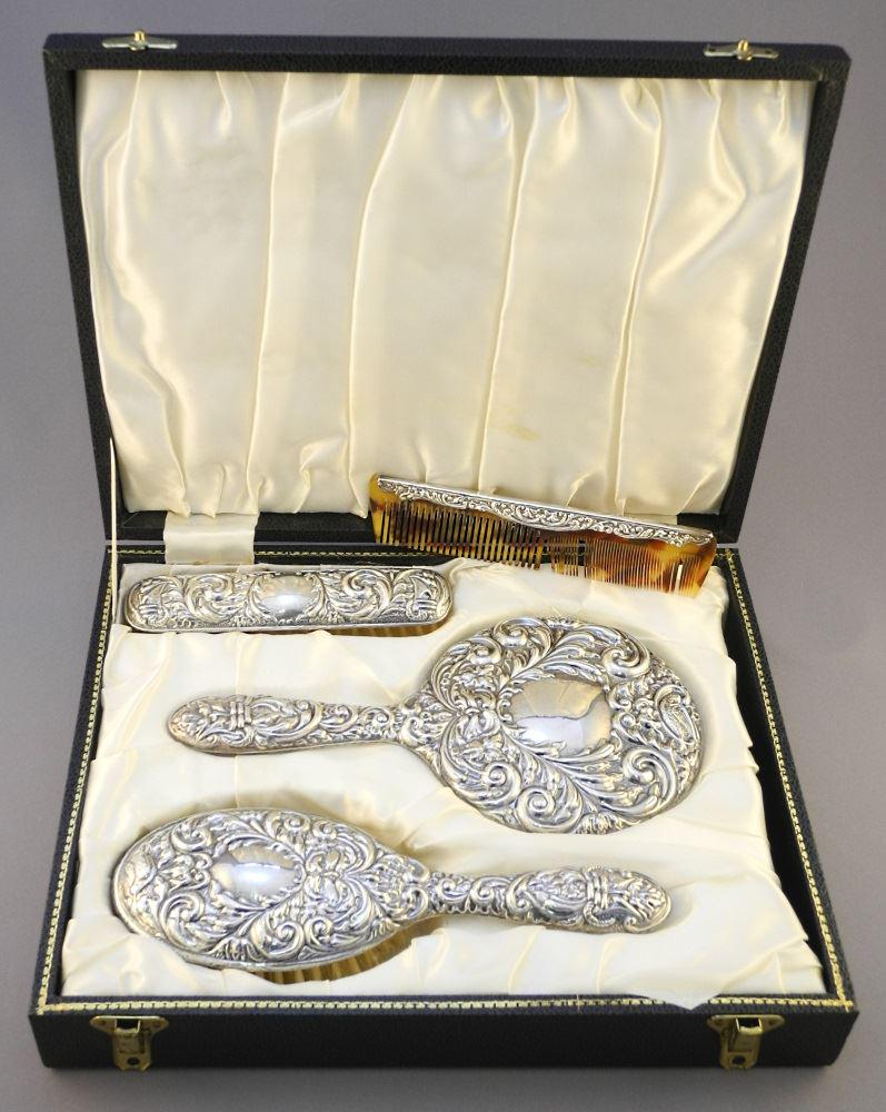 Cased Embossed Silver 3 Piece Brush Set, case 12 1/8" (1 of 10)