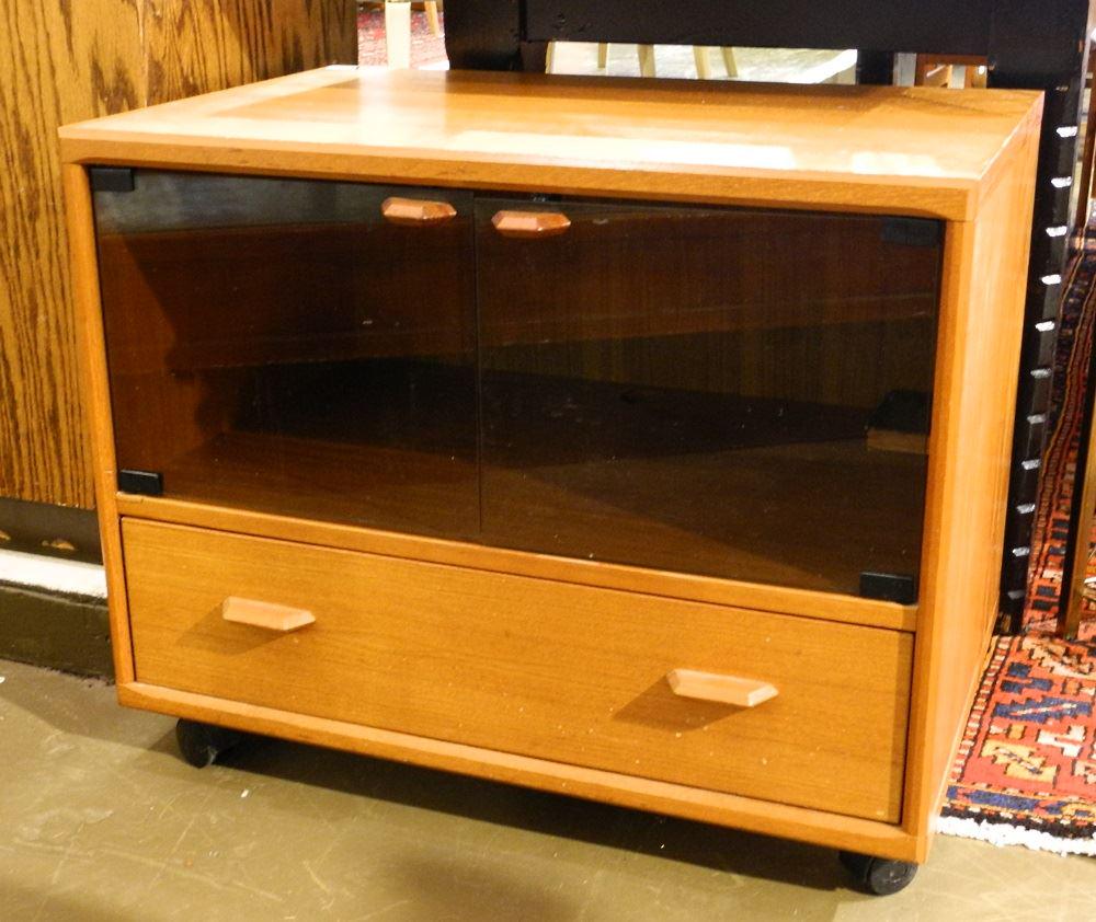 Danish Teak & Smoked Glass Low Cabinet, 30" wide.: Danish Teak & Smoked Glass Low Cabinet, 30" wide.