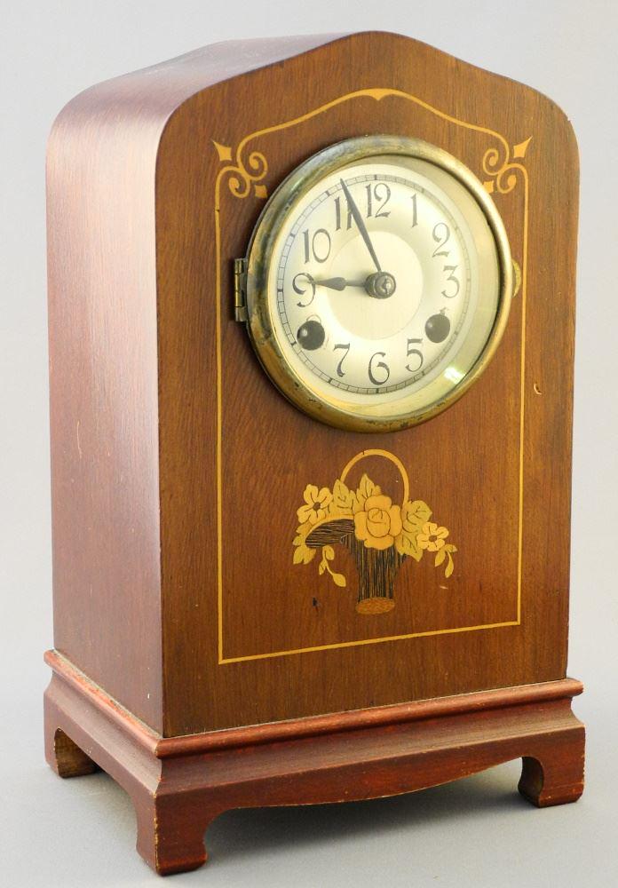 Inlaid Mahogany Mantel Clock Signed D.R. Dingwall Ltd,: Inlaid Mahogany Mantel Clock Signed D.R. Dingwall Ltd, 10 3/8" high.