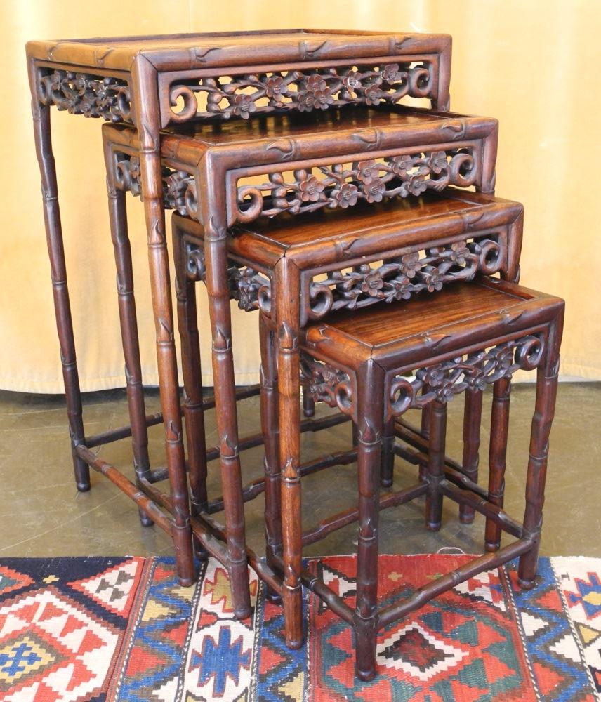 Chinese Carved Hardwood Nest of Tables, 28 1/4" high.: Chinese Carved Hardwood Nest of Tables, 28 1/4" high.