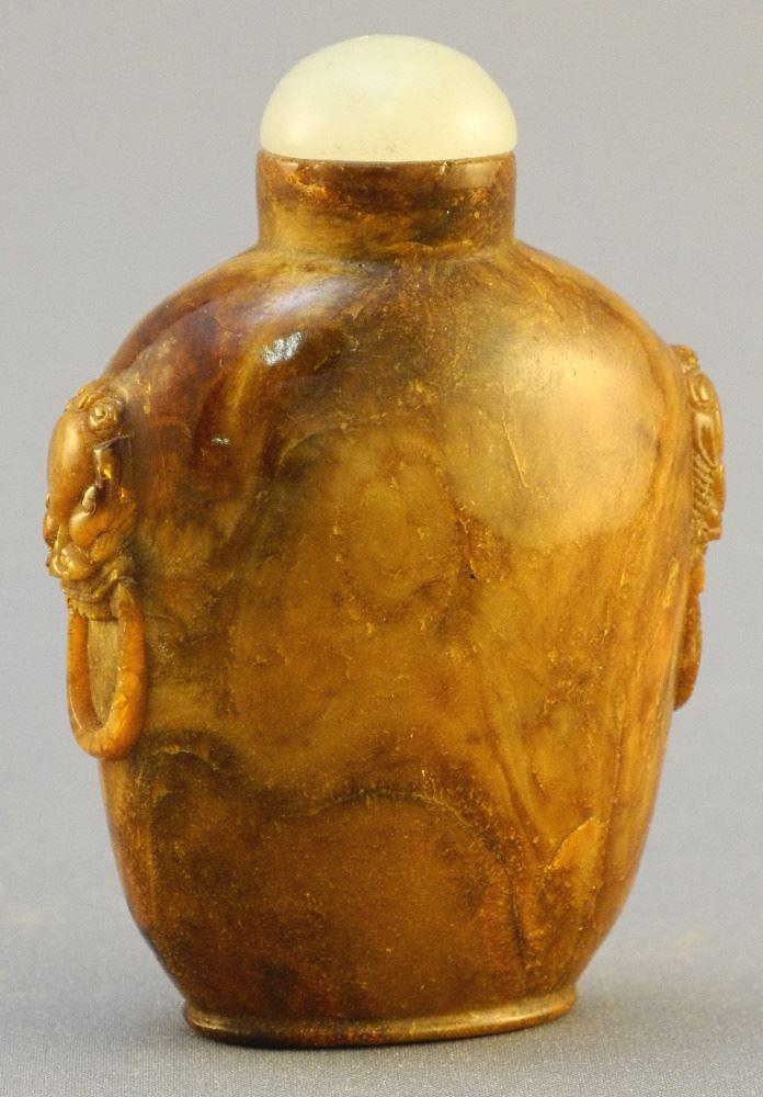 Root Amber carved Snuff Bottle with mask & ring style (1 of 6)