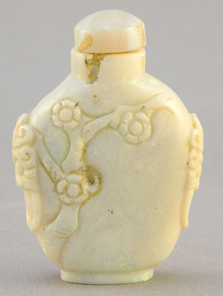 Small Opal Snuff Bottle carved with a tree and mask (1 of 5)