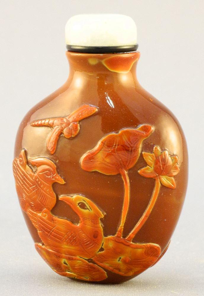Overlaid glass of red on brown with mandarin duck Snuff: Overlaid glass of red on brown with mandarin duck Snuff Bottle, 2 1/4".