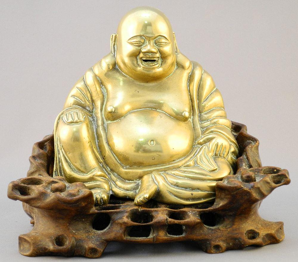 Old Brass Figure of the Buddha set within a hardwood (1 of 5)