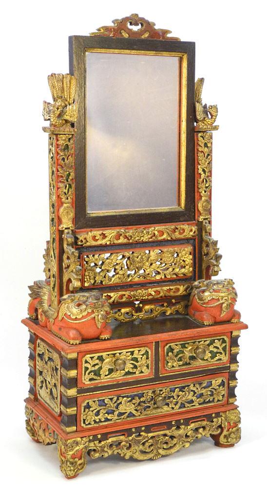 Chinese Gilt & Scarlet Lacquer Mirror on Stand, 31 3/4" (1 of 9)