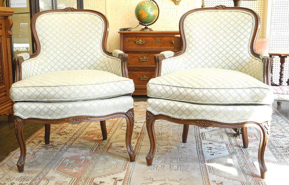 Pair of Barrymore Louis XV Bergere Chairs.: Pair of Barrymore Louis XV Bergere Chairs.