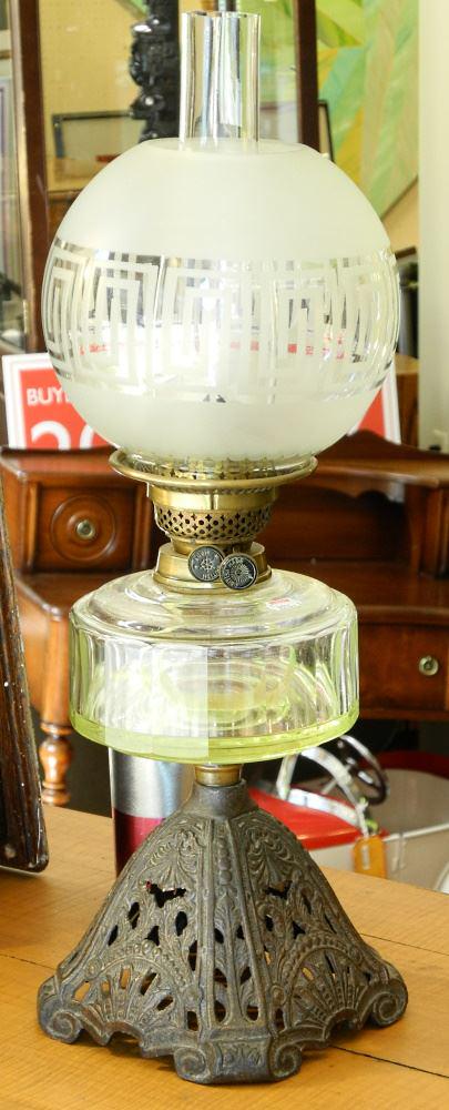 Antique British Double Wick Oil Lamp with Shades.: Antique British Double Wick Oil Lamp with Shades.