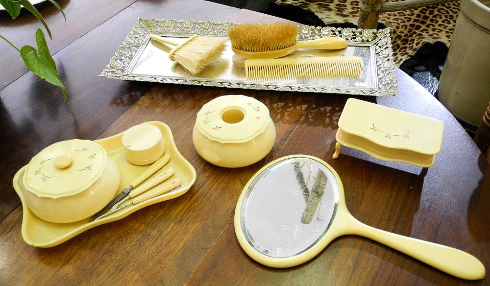 French Ivory Dresser Set on Mirrored Tray.: French Ivory Dresser Set on Mirrored Tray.