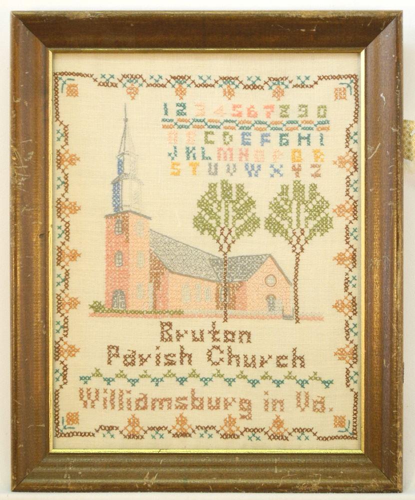 Needlework Sampler "Bruton Parish Church Williamsburg: Needlework Sampler "Bruton Parish Church Williamsburg in Va.", 13 1/2" x 10 1/2".