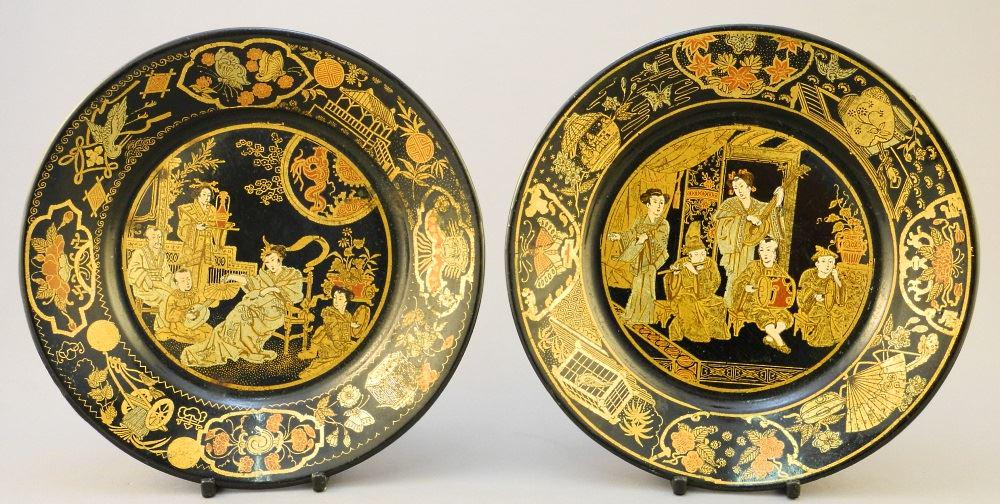 Pair of Antique Chinese Lacquered Papier Mache Plates: Pair of Antique Chinese Lacquered Papier Mache Plates with Court Scenes, 6 7/8" diameter.