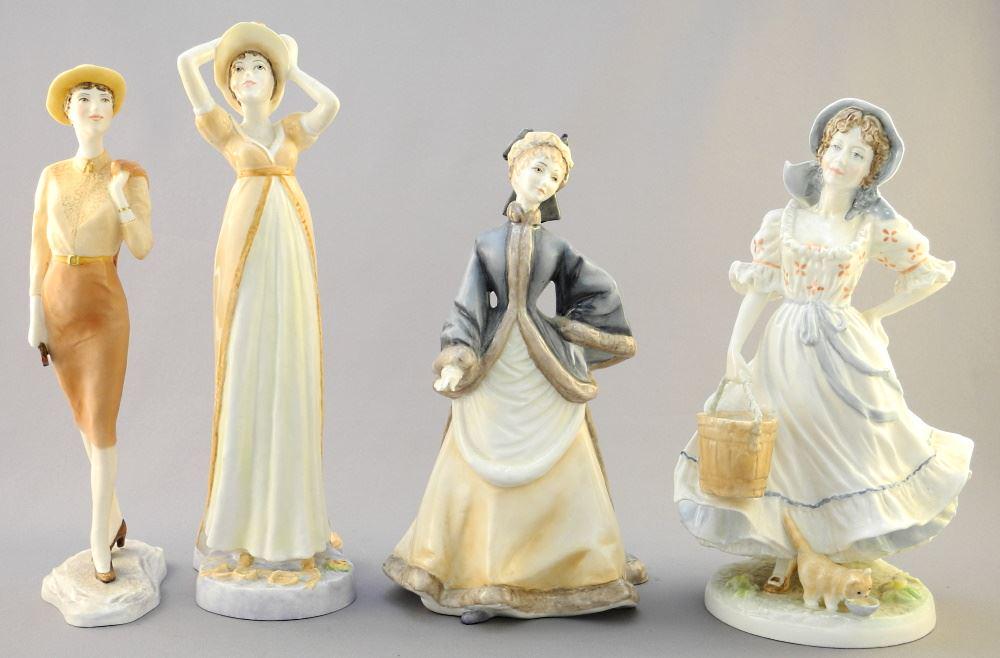 4 Royal Worcester Figurines: West End Girl/ E.Bennett/: 4 Royal Worcester Figurines: West End Girl/ E.Bennett/ Milkmaid & Waiters.