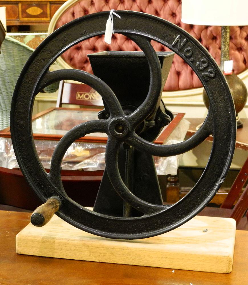 Cast Iron "No.32" Coffee Grinder on Oak Plinth, 18": Cast Iron "No.32" Coffee Grinder on Oak Plinth, 18" high.
